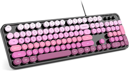 MOWUX Computer Keyboard Wired, Plug and Play USB Retro Round Typewriter Keyboard, Full Size Wired Keyboard with Foldable Stands for Laptop and Office PC- Black Pink Gradient