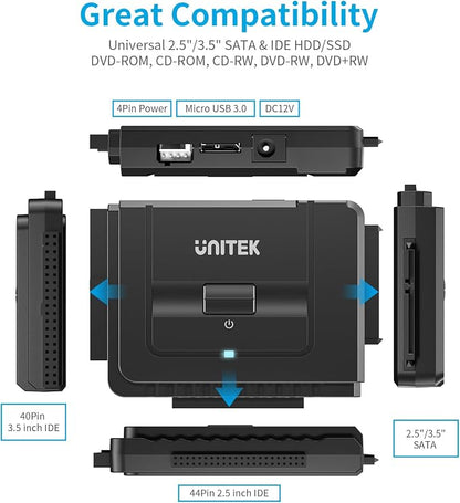 Unitek USB 3.0 to IDE and SATA Converter External Hard Drive Adapter Kit for Universal 2.5/3.5 HDD/SSD Hard Drive Disk, One Touch Backup Function, Included 12V/2A Power Adapter