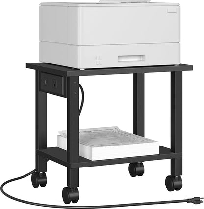 TUTOTAK 2 Tier Printer Stand, Rolling Printer Cart with Power Outlets and USB Ports, Mobile Printer Table with Wheels, for Under Desk, Office, Home, Black PS01BK001