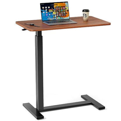 Adjustable Overbed Bedside Table with Wheels, Rolling Laptop Table, Pneumatic Adjustable Hospital & Home Use Bed Table, Mobile Standing Desk, Brown