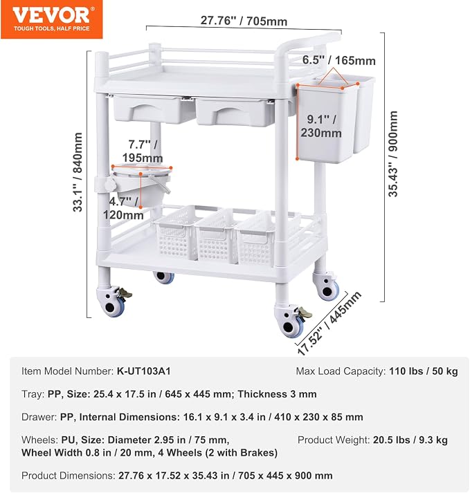 VEVOR Medical Mobile Trolley Cart with 2 Drawers & 3 Trash Cans, 2 Tiers Beauty Salon Rolling Trolley with 4 Silent Wheels & 2 Dirts Bucket & Bowl, Medical Utility Cart for Hospital Dental Clinic Lab