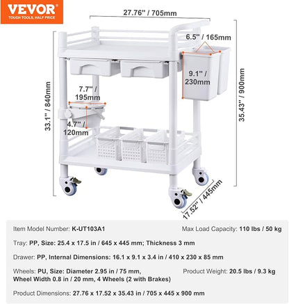 VEVOR Medical Mobile Trolley Cart with 2 Drawers & 3 Trash Cans, 2 Tiers Beauty Salon Rolling Trolley with 4 Silent Wheels & 2 Dirts Bucket & Bowl, Medical Utility Cart for Hospital Dental Clinic Lab