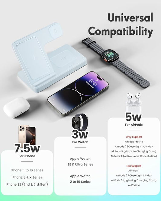 Wireless Charger Stand Charging Station: 3 in 1 Charger Stand Multiple Devices for Apple - iPhone 17 16e 16 15 14 Pro Max 13 12 - Watch 11 10 9 8 7 6 5 4 3 2 SE and Ultra Series-Airpods 4 3 Pro, Blue