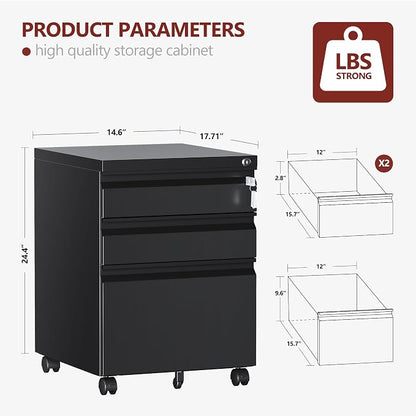 RAVIGIN 3 Drawer File Cabinet，Mobile Filing Cabinet with Lock and Wheels，Un-Assembled Metal Under Desk File Cabinets for A4/Letter/Legal Size（Black