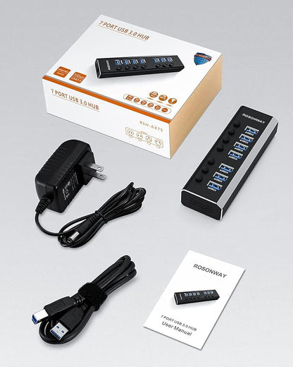 USB Hub 3.0 Powered Rosonway Aluminum 7 Ports USB 3.0 Data Hub Splitter with 24W (12V/2A) Power Adapter and Individual On/Off Switches USB Port Expander for PC and Laptop (RSH-A37S)