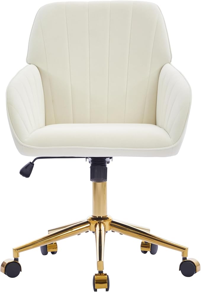 Velvet Home Office Desk Chair, Modern Cute Computer Task Chair with Back, Height Adjustable Upholstered Vanity Chair with Swivel Wheels for Women, Girls (Gold Base, Cream