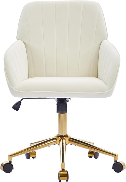 Velvet Home Office Desk Chair, Modern Cute Computer Task Chair with Back, Height Adjustable Upholstered Vanity Chair with Swivel Wheels for Women, Girls (Gold Base, Cream