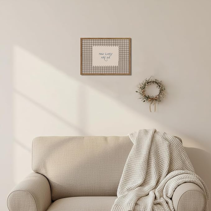 How Lucky Are We Wall Art Framed Canvas, Vintage Gingham Quote Print, Trendy Preppy Aesthetic Stripe Inspirational Wall Decor for Bedroom Dorm Apartment 12x16 Inch