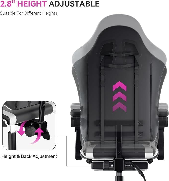 Gaming Chair with Footrest, Ergonomic Computer Gaming Desk Chair with Lumbar Support & Headrest, Adjustable High Back PU Leather Office Chair, Swivel Racing Style Gamer Chair, Black/White