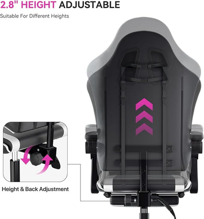 Gaming Chair with Footrest, Ergonomic Computer Gaming Desk Chair with Lumbar Support & Headrest, Adjustable High Back PU Leather Office Chair, Swivel Racing Style Gamer Chair, Black/White