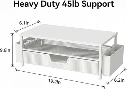 ECOLOVI Desk Organizer and Accessories, 2-Tier Computer Monitor Stand Rise with Storage Drawer & 2 Pen Holders, Laptop & Printer Stand for Desktop, Workspace Organizers for Office Supplies (White)