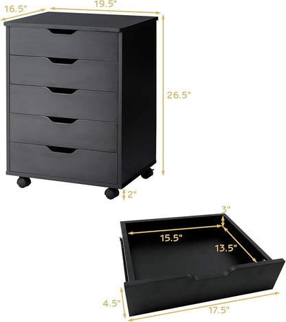 5 Drawers File Storage Cabinet, 26.5" Vertical Filling Cabinet for Home Office, Under Desk Office Drawer Organizer, Universal & Lockable Casters, Rolling Printer Storage Rack (Black)