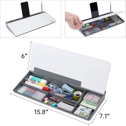 Small Desktop Glass Whiteboard Dry-Erase-Board - Computer Keyboard Stand White Board Surface Pad with Drawer, Desk Organizers with Accessories for Office, Home, School Supplies - Grey