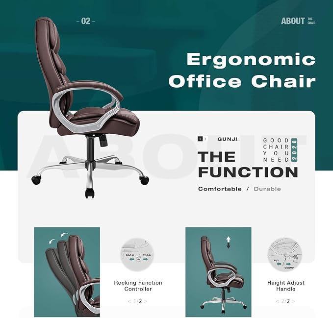 GUNJI Office Chair PU Leather High Back Executive Chair Ergonomic Computer Chair, Modern Adjustable Home Desk Chair Swivel Managerial Chair with Padded Armrests and Lumbar Support (Brown)