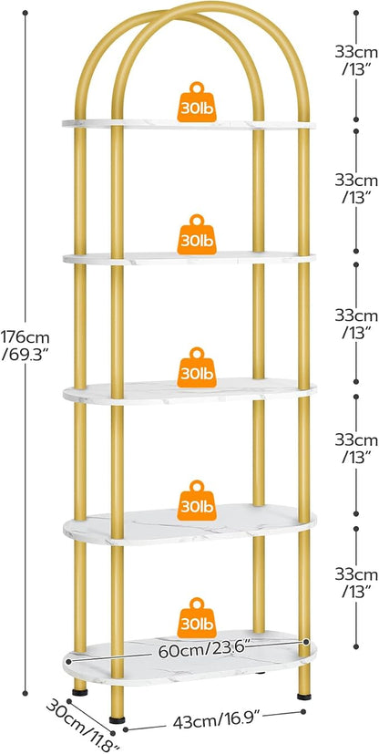 HOOBRO 5 Tier Open Bookshelf, Industrial Arched Bookcase Display Shelf Rack, Wooden Bookcase Storage Shelf Metal Frame, Tall Storage Organizer for Home, Easy Assembly, Gold DM176SJ01