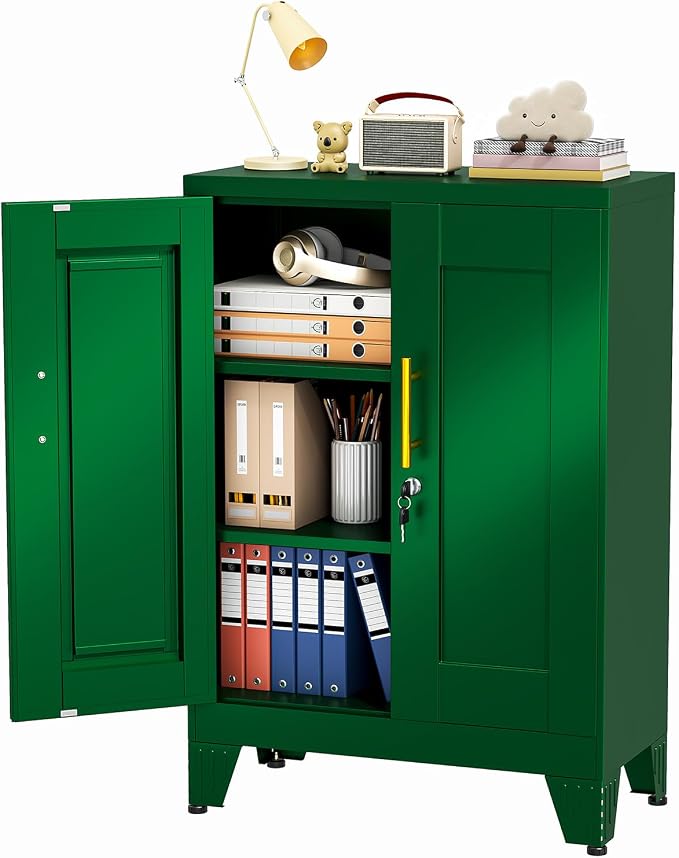 pozdeg 35.43" Lockable Metal Storage Cabinet, Steel Locker File Cabinet with 2 Doors ＆ 2 Adjustable Shelves, Multi-Purpose Organizer for Home, Office File Storage & Garage Locker (Green)