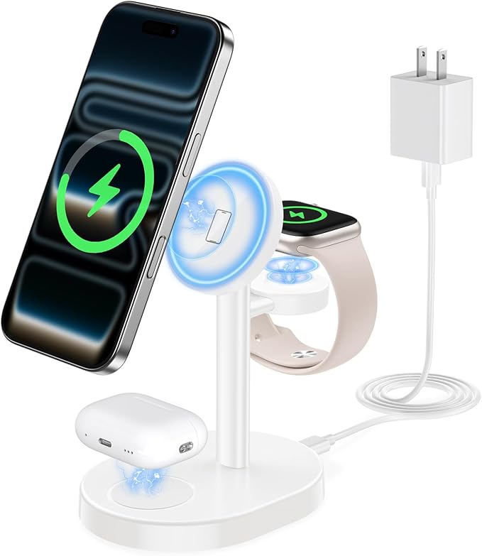 Hevanto 2026 3 in 1 Wireless Charging Station for Apple MagSafe Charger, 15W Fast Magnetic Mag-Safe Charger Stand for iPhone 17 16 15 14 13 12 Apple Watch AirPods Pro Series, White