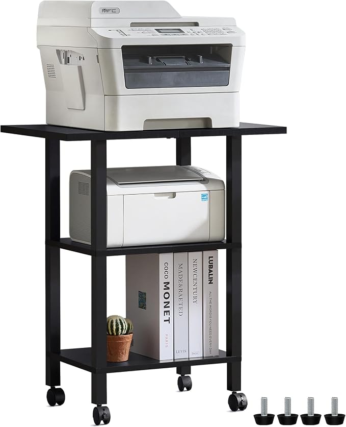 YUFAM Black 3 Tier Home Printer Stand with Storage, Wooden Mobile Printer Table Shelf, Rolling Printer Cart Shelf with Lockable Wheels fit Fax Machine, Scanner