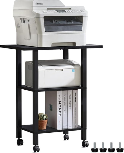 YUFAM Black 3 Tier Home Printer Stand with Storage, Wooden Mobile Printer Table Shelf, Rolling Printer Cart Shelf with Lockable Wheels fit Fax Machine, Scanner