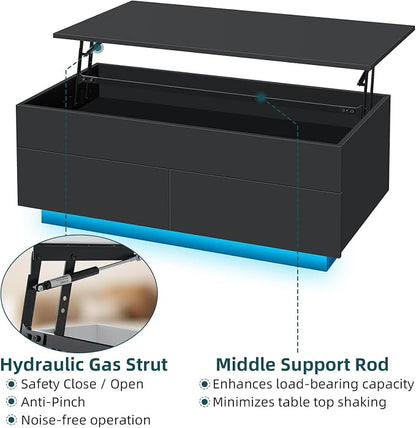 HOMMPA LED Coffee Table with Lift Top Morden Coffee Table with Storage High Gloss Black Sofa Table for Living Room Center Tables Hidden Compartment & 2 Drawers