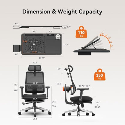 Newtral Ergonomic Office Chair with Laptop Tray, Auto-Tracking Adaptive Lumbar Support, 4D Armrest & 5D Adaptive Headrest, High Back Mesh Desk Chair with Footrest, 136° Recline, Home Office Gaming