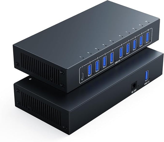 10 Port Powered USB 3.0 Hub, Industrial Rack Mountable USB Data Hub with 12V/3A Adapter 105W Output ESD Protection, Rugged Metal Case USB Expander Splitter