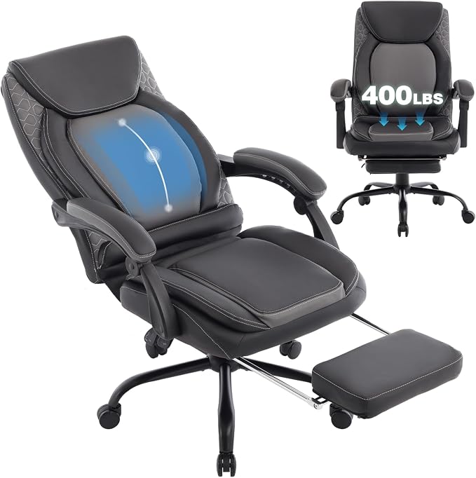 Reclining Ergonomic Office Chair with Footrest, Big Tall Recliner Office Desk Chairs with Lumbar Support, 400lbs Heavy Duty High Back Leather Executive Computer Chair with Wheels, Back Grey