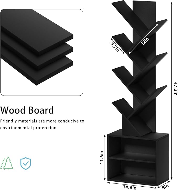 SHEEPAM 10 Tier Tree Bookshelf,Floor Standing Wood Tall Bookcase for Narrow Space, Storage Organizer Bookshelves for Books, Book Case for CDs/Movies/Books,Home Office,Living Room, Bedroom