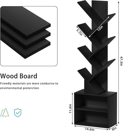 SHEEPAM 10 Tier Tree Bookshelf,Floor Standing Wood Tall Bookcase for Narrow Space, Storage Organizer Bookshelves for Books, Book Case for CDs/Movies/Books,Home Office,Living Room, Bedroom