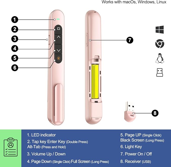 QUI Presentation Clicker with Volume Control, 2.4GHz USB Wireless Presenter Remote, PowerPoint Clicker Slide Advancer Compatible with Mac, Windows, Google Slides, Keynote