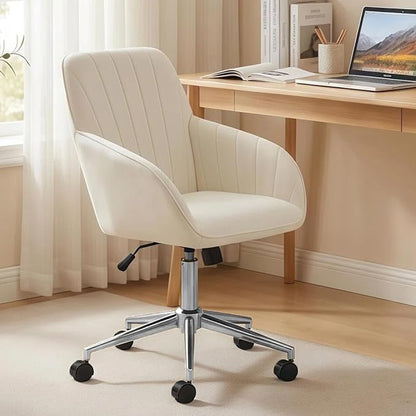 Velvet Home Office Desk Chair, Modern Cute Computer Task Chair with Back, Height Adjustable Upholstered Vanity Chair with Swivel Wheels for Women, Girls (Silver Base, Cream
