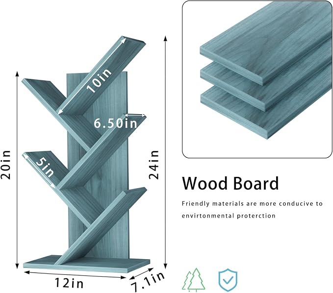 SHEEPAM 5 Tier Tree Book Shelf, Small Desktop Bookshelf with Storage Organizer, Wood Bookcase, Desk Display Bookshelves, Floor Standing Organizer Bookcases for Living Room,Bedroom,Office-Blue