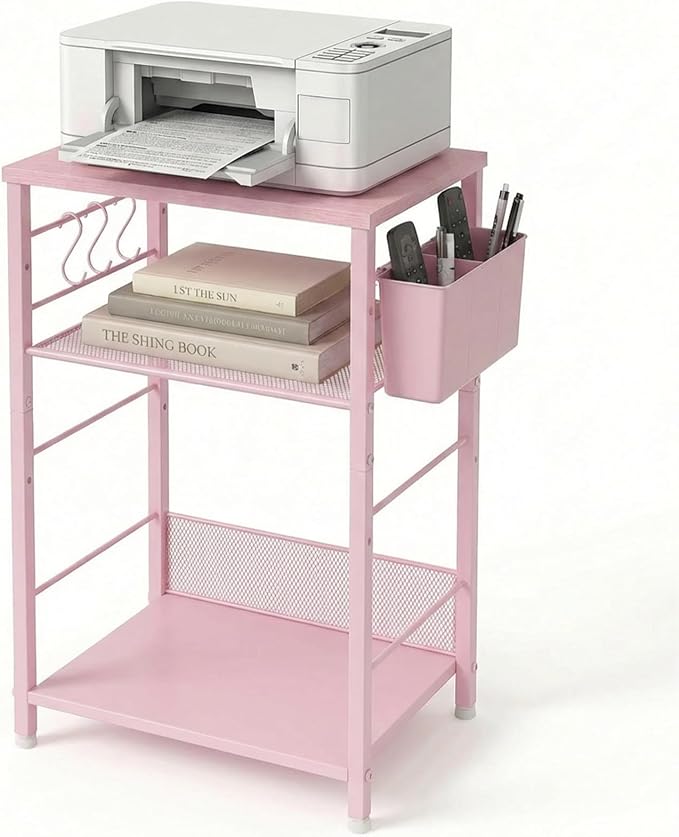 ECOLOVI 3 Tier Printer Stand for Under Desk, Height Adjustable Shelf Small Printer Table with 3 S-Hooks & Basket, Heavy Duty Industrial Storage Shelf for Home Office (Pink Wood)