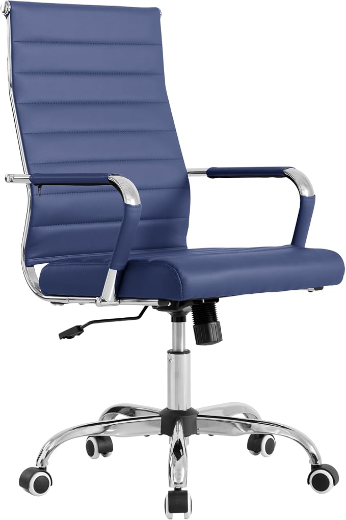 Home Office Chair Ribbed,Modern Leather Conference Room Chairs,Ergonomic Office Desk Chair, High Back Executive Computer Chair, Adjustable Swivel Chair with Arms (Blue)