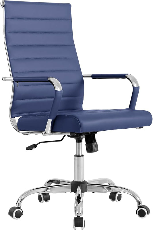 Home Office Chair Ribbed,Modern Leather Conference Room Chairs,Ergonomic Office Desk Chair, High Back Executive Computer Chair, Adjustable Swivel Chair with Arms (Blue)