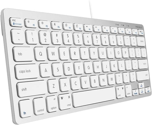 Macally Small Wired Keyboard for Mac and Windows - 78 Scissor Switch Keys Compatible Apple Keyboard - USB Mini Keyboard that Saves Space and Looks Great - Plug and Play Wired Mac Keyboard - Aluminum