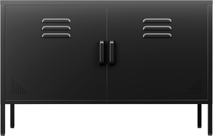 SISESOL Black Metal Storage Cabinet with Doors and Shelves,2 Door Wide Metal Locker Accent Storage Cabinet with Leg & Vent Hole,Wide TV Cabinets,Low Side Cupboard for Home,Office,Dining/Living Room
