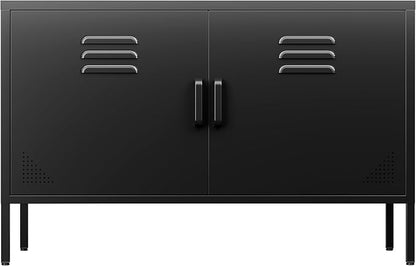 SISESOL Black Metal Storage Cabinet with Doors and Shelves,2 Door Wide Metal Locker Accent Storage Cabinet with Leg & Vent Hole,Wide TV Cabinets,Low Side Cupboard for Home,Office,Dining/Living Room