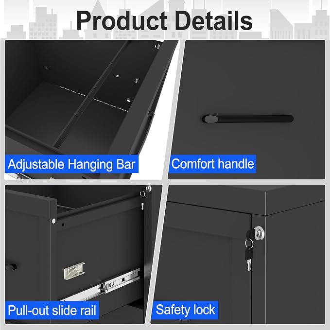 Small Metal 4-Drawer File Cabinet, Under-Desk Filing Cabinet, Black | Locking, Adjustable Hanging Rail, Fit A4, FC, Letter, Hanging File Folders for Home Office Storage Organization, 2PS