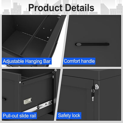 Small Metal 4-Drawer File Cabinet, Under-Desk Filing Cabinet, Black | Locking, Adjustable Hanging Rail, Fit A4, FC, Letter, Hanging File Folders for Home Office Storage Organization, 2PS