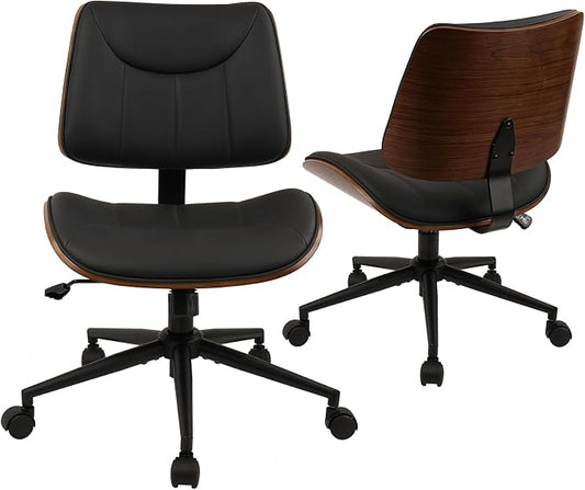 CLATINA Office Chair Armless with Wheels, Mid-Century Modern Walnut Desk Chair, Adjustable Height Reading Chair, PU Leather Mid Back & Swivel Computer Chairs for Home Meeting Room Bedroom, Black(2 PK)