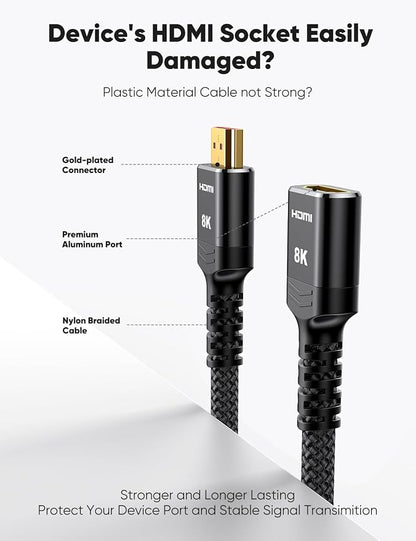 Highwings 8K 4K HDMI Extender Cable, Short Extension Cable 2.1 4K@30Hz/60Hz/120Hz, Ultra High Speed Adapter Male to Female Compatible With PS5 Roku Stick Blu Ray Player HDTV Laptop 1.5FT