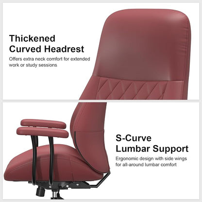 E-Ser Leather Desk Chair, Mid Century Modern Office Chair, Red | Lumbar Support, Ergonomic, 360° Swivel, Rubber Rolling Wheels, Adjustable Height, for Adults
