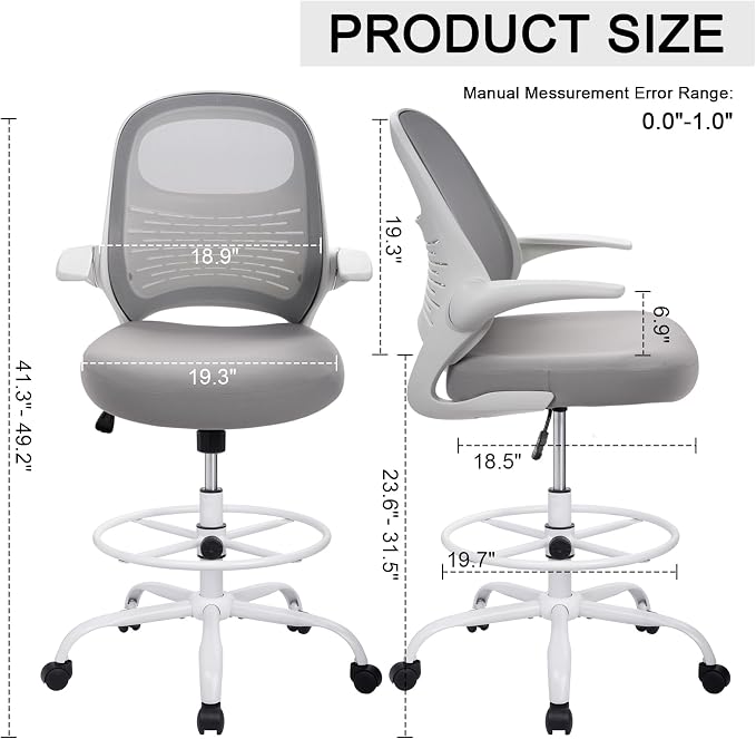 HYLONE Tall Drafting Chair Standing Desk Chair with Flip-Up Armrests, Adjustable Height Ergonomic Office Chair with Footrest Ring - High Stool Chair for Standing Desk (Light Grey)