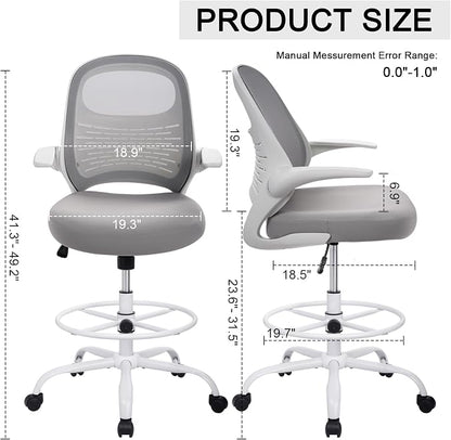 HYLONE Tall Drafting Chair Standing Desk Chair with Flip-Up Armrests, Adjustable Height Ergonomic Office Chair with Footrest Ring - High Stool Chair for Standing Desk (Light Grey)