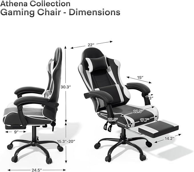 Athena Collection Ergonomic Gaming Chair with Footrest & Headrest Lumbar Support, Height Adjustable Swivel Office Chair Reclining Game Chair High Back Computer Chair for Adults, White