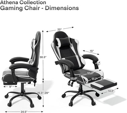 Athena Collection Ergonomic Gaming Chair with Footrest & Headrest Lumbar Support, Height Adjustable Swivel Office Chair Reclining Game Chair High Back Computer Chair for Adults, White