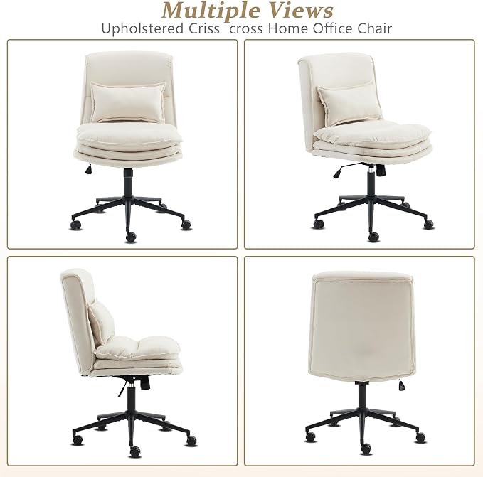 VINGLI Cloud Criss Cross Legged Chair,18" High Back Armless Home Office Desk Chair with Wheels,Wide Adjustable Comfy Padded Seat Task Computer Chair,Modern Swivel Makeup Vanity Chair,Microfiber,Beige