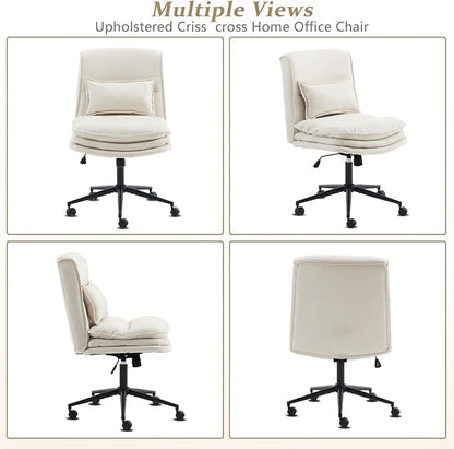 VINGLI Cloud Criss Cross Legged Chair,18" High Back Armless Home Office Desk Chair with Wheels,Wide Adjustable Comfy Padded Seat Task Computer Chair,Modern Swivel Makeup Vanity Chair,Microfiber,Beige