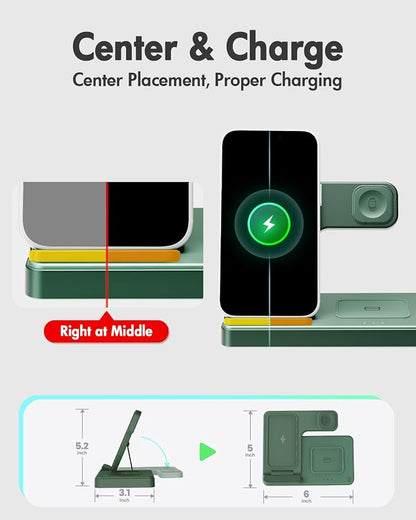 Wireless Charger Stand Charging Station: 3 in 1 Charger Multiple Devices for Apple iPhone 17 16e 16 15 14 Pro Max 13 12 11 for Watch 11 10 9 8 7 6 5 4 3 2 SE and Ultra & Airpods Series, Dark Green